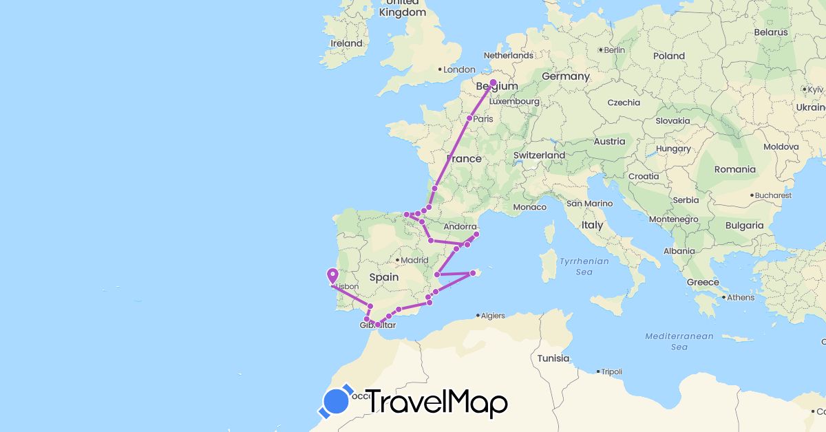 TravelMap itinerary: driving, train in Belgium, Spain, France, Gibraltar, Portugal (Europe)